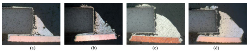 SAC305焊點疲勞失效圖; (a)凹形, (b)直形, (c)微凸形, (d)凸形。 SAC305焊點疲勞失效圖; (a)凹形, (b)直形, (c)微凸形, (d)凸形。