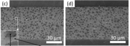 TLPS焊點SEM圖。(c)300℃加熱60s (d)300℃老化200h後 TLPS焊點SEM圖。(c)300℃加熱60s (d)300℃老化200h後